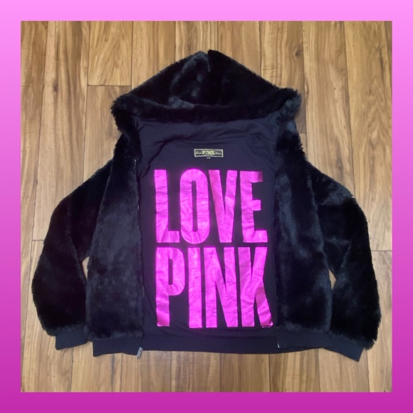 PINK VS BLACK FUR FULL ZIP HOODIE JACKET - Picture 2 of 6